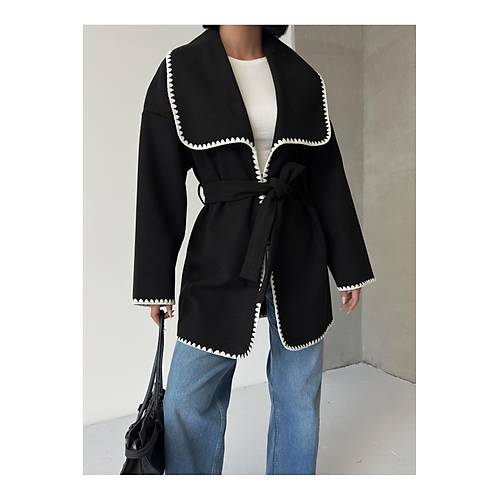 Nak�� Detayl� Kemerli Yumu�ak Siyah Ceket