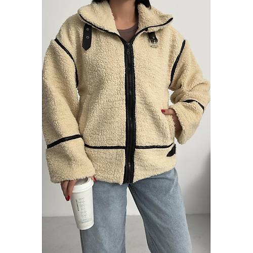 Viral Teddy Pelu� Bej Biker Ceket