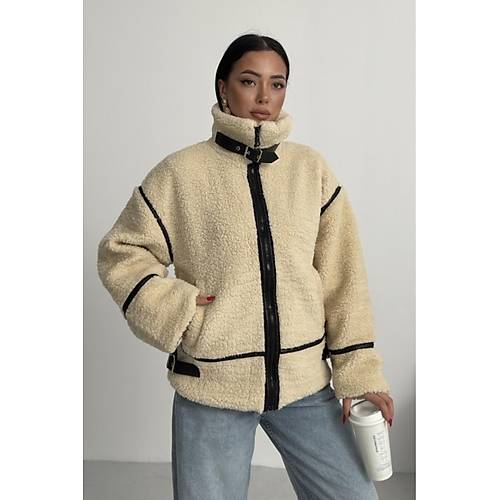 Viral Teddy Pelu� Bej Biker Ceket