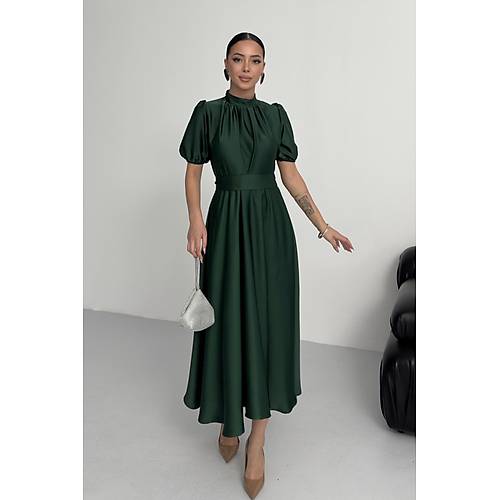 Nil Lacivert Klo Etek Ksa Kol Midi Boy Saten Abiye Elbise Lacivert