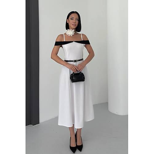 ift Renk Midi Kemerli Beyaz Elbise