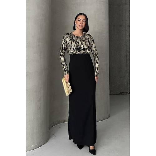 Siyah Gold Desenli Uzun Kollu k Maxi Abiye Elbise