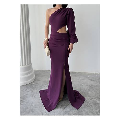 Tek Kol Derin Yrtmal Krep Gece Elbisesi Zmrt Yeil Abiye