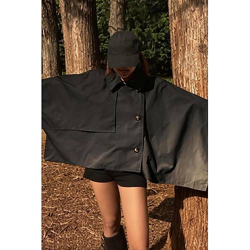 Siyah Yarasa Kol Detay Yakal Dmeli Rahat Kalp Oversize Midi Boy Trenkot