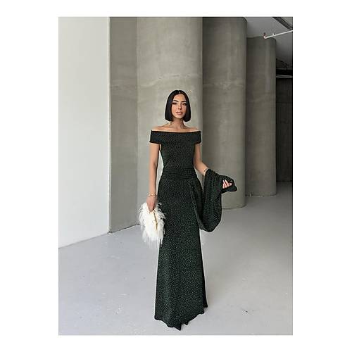 Dk Omuz Drapeli Simli Abiye Elbise