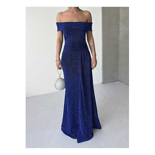 Dk Omuz Drapeli Simli Abiye Elbise