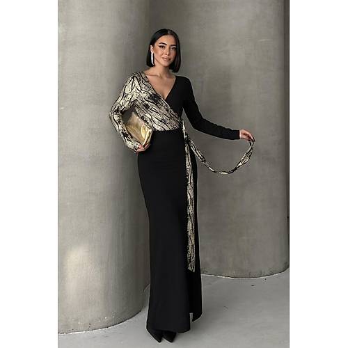 Siyah Gold Desenli Kruvaze Uzun Abiye Elbise