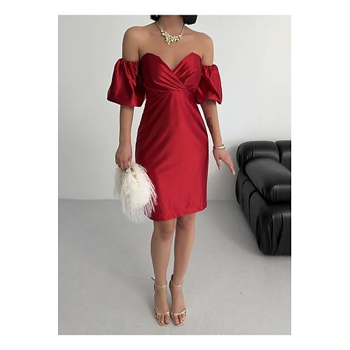 Bandeau Balon Kol Bodycon Mini Abiye Elbise