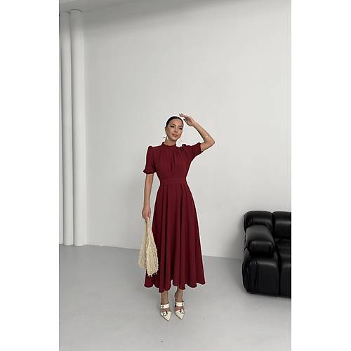 Nil Lacivert Klo� Etek K�sa Kol Midi Boy Saten Abiye Elbise Lacivert
