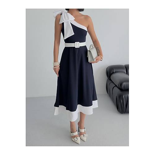 Tek Omuz Kemerli Kadn Midi Mor Abiye Elbise Fiyonk Detayl k Tasarm