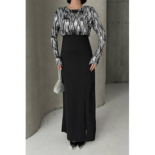 Siyah Gold Desenli Uzun Kollu k Maxi Abiye Elbise