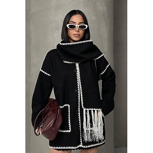 Nak Detayl Atkl Yumuak Triko Hrka Ceket Siyah