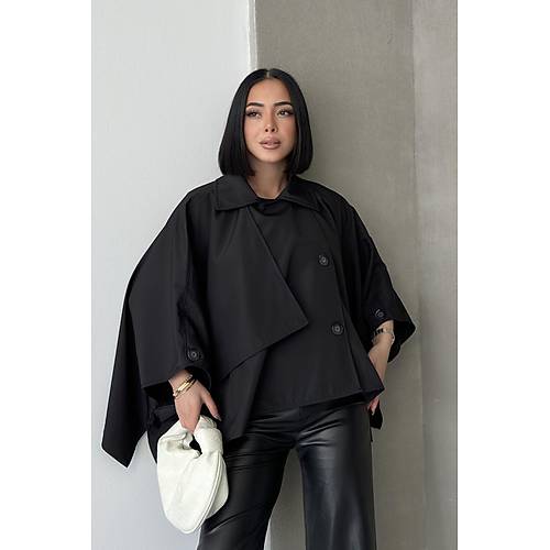 Siyah Yarasa Kol Detay Yakal Dmeli Rahat Kalp Oversize Midi Boy Trenkot