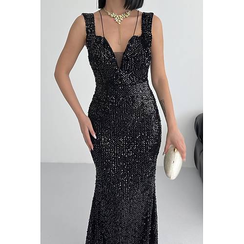 Trend Band Kol Kadife Balk Elbise Siyah