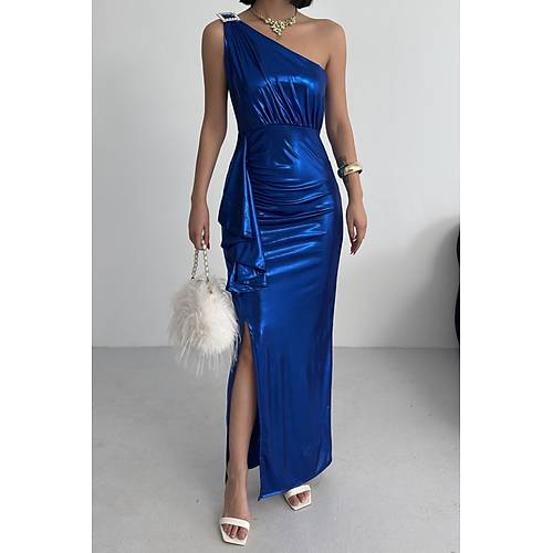 Kadn Omuz Aksesuarl Volanl yrtma parlak kuma Abiye Mezuniyet Nikah Lacivert Elbise