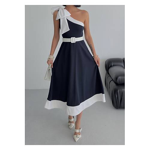 Tek Omuz Kemerli Kadn Midi Mor Abiye Elbise Fiyonk Detayl k Tasarm