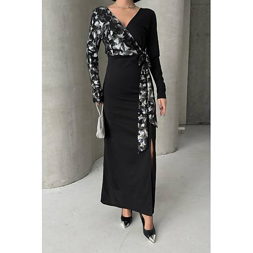 Siyah Gold Desenli Kruvaze Uzun Abiye Elbise