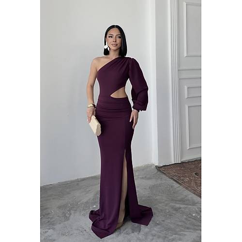 Tek Kol Derin Yrtmal Krep Gece Elbisesi Zmrt Yeil Abiye