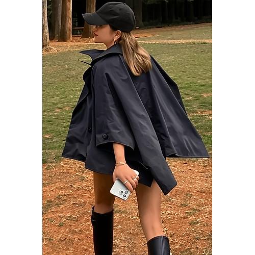 Siyah Yarasa Kol Detay Yakal Dmeli Rahat Kalp Oversize Midi Boy Trenkot