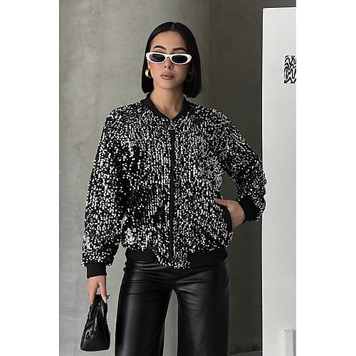Payetli Bomber Ceket Siyah