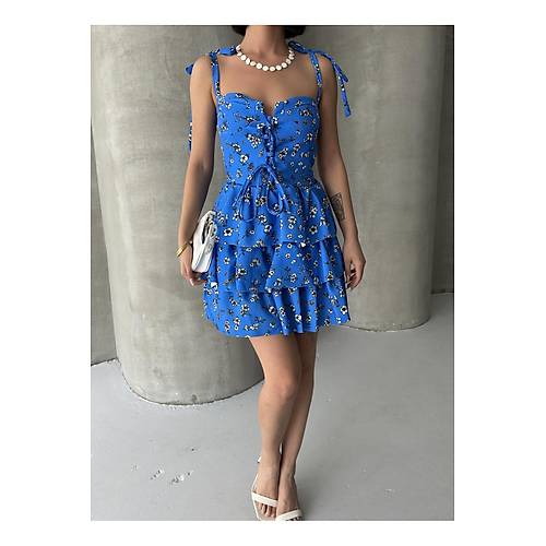 Ask�l� Elbise Ete�i Volanl� Elbise G���s Destekli K�rm�z� Mini Elbise �i�ekli Elbise Desenli Elbise