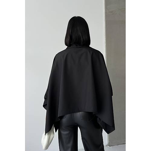 Siyah Yarasa Kol Detay Yakal Dmeli Rahat Kalp Oversize Midi Boy Trenkot