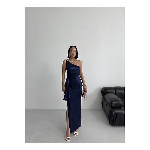 Kadn Omuz Aksesuarl Volanl yrtma parlak kuma Abiye Mezuniyet Nikah Lacivert Elbise