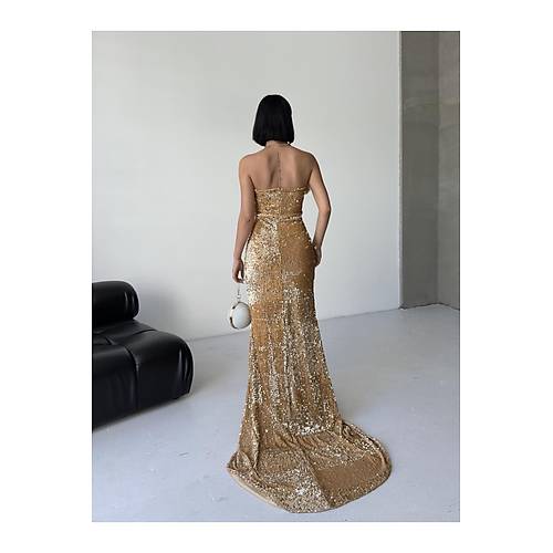 Trend Pul Payetli T�y Detayl� Abiye Kadife Gri Elbise