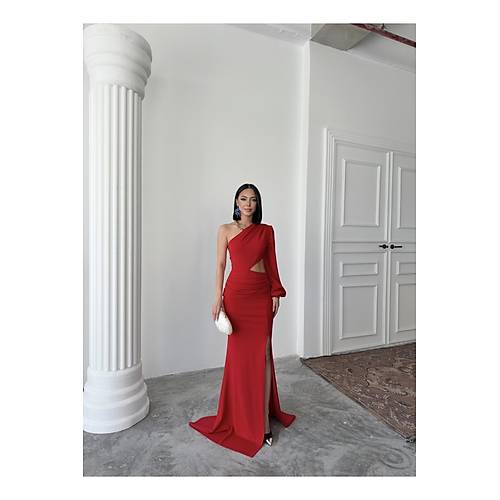 Tek Kol Derin Yrtmal Krep Gece Elbisesi Zmrt Yeil Abiye