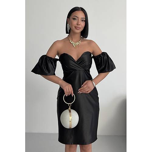 Laura Balon Kol Saten Abiye Siyah Elbise