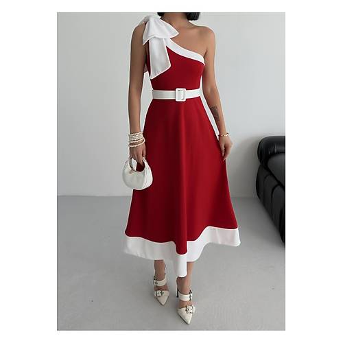 Tek Omuz Kemerli Kadn Midi Mor Abiye Elbise Fiyonk Detayl k Tasarm