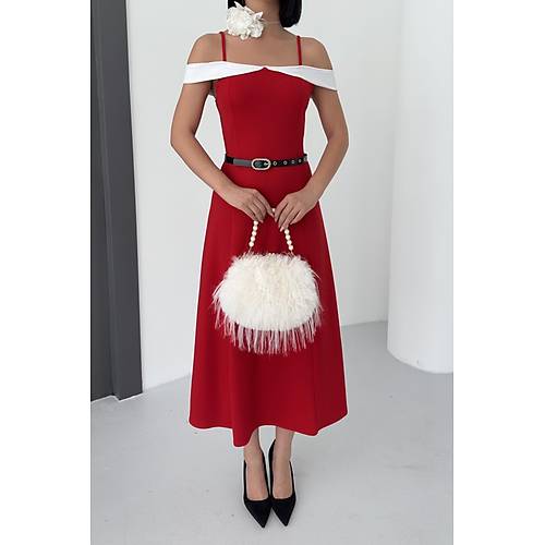 ift Renk Midi Kemerli Beyaz Elbise