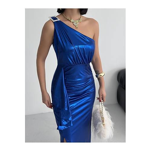 Kadn Omuz Aksesuarl Volanl yrtma parlak kuma Abiye Mezuniyet Nikah Lacivert Elbise