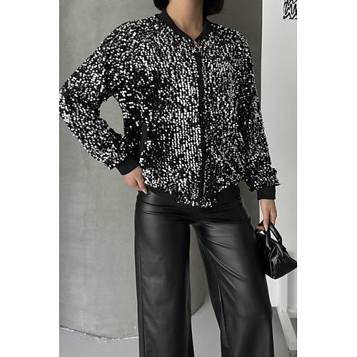 Payetli Bomber Ceket Siyah