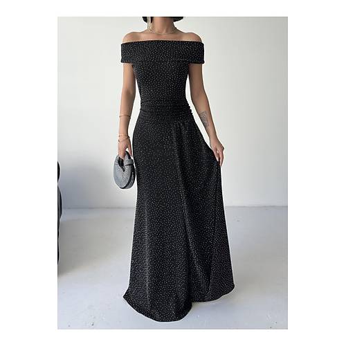 Dk Omuz Drapeli Simli Abiye Elbise