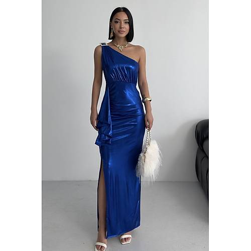 Kadn Omuz Aksesuarl Volanl yrtma parlak kuma Abiye Mezuniyet Nikah Lacivert Elbise