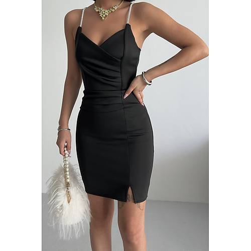 �nce Ask�l� Drapeli Abiye Elbise Ni�an D���n Mezuniyet Elbisesi Siyah