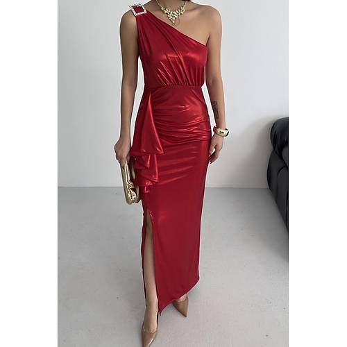 Kadn Omuz Aksesuarl Volanl yrtma parlak kuma Abiye Mezuniyet Nikah Lacivert Elbise