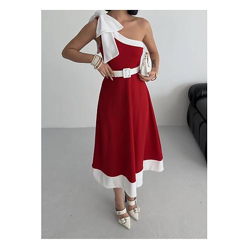 Tek Omuz Kemerli Kadn Midi Mor Abiye Elbise Fiyonk Detayl k Tasarm