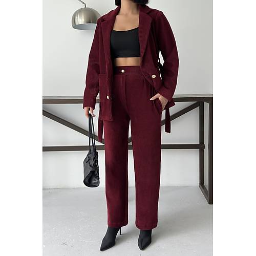 Bordo Fitilli Kadife Ceket Pantolon Tak�m