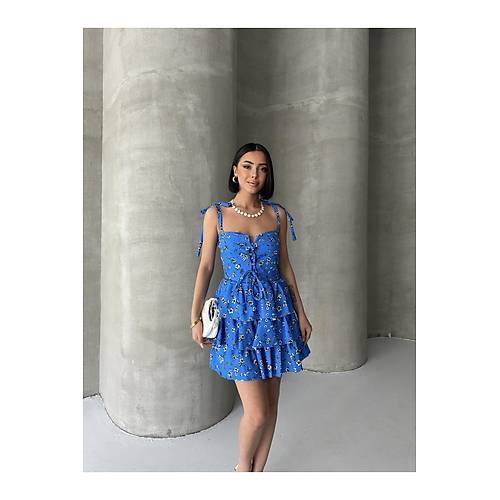 Ask�l� Elbise Ete�i Volanl� Elbise G���s Destekli K�rm�z� Mini Elbise �i�ekli Elbise Desenli Elbise