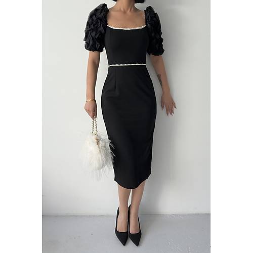 zel Tasarm nci Detayl Balon Kol Abiye Siyah Elbise