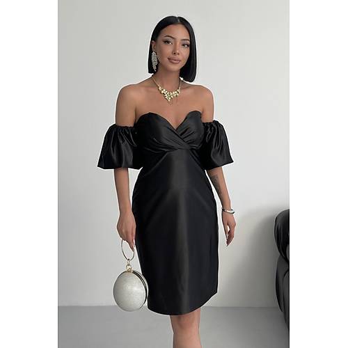 Laura Balon Kol Saten Abiye Siyah Elbise