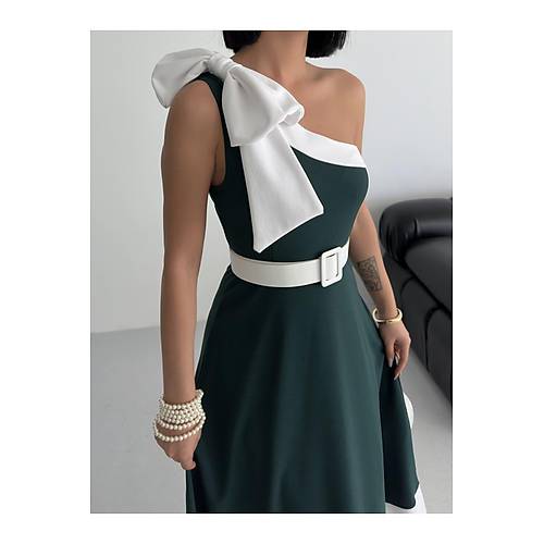 Tek Omuz Kemerli Kadn Midi Mor Abiye Elbise Fiyonk Detayl k Tasarm