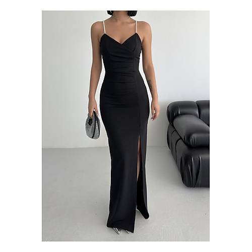 Scuba Kuma� Ask� Ta� Detay Ince Ask�l� Y�rtma�l� Abiye Elbise Bordo