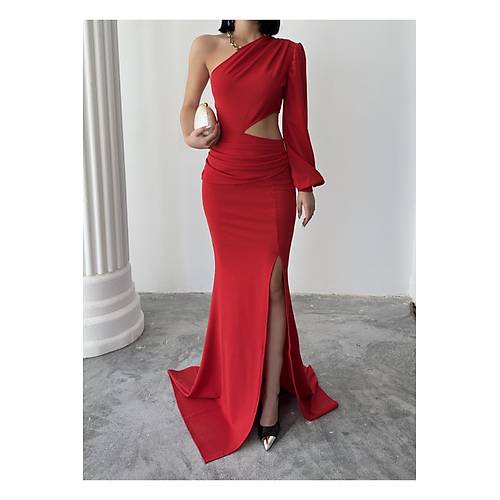 Tek Kol Derin Y�rtma�l� Krep Gece Elbisesi Z�mr�t Ye�il Abiye