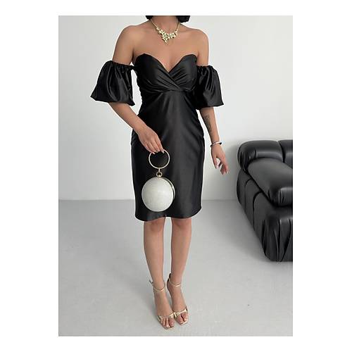 Bandeau Balon Kol Bodycon Mini Abiye Elbise