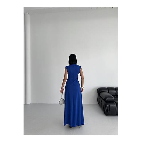 Bisiklet Yaka Y�rtma�l� K�rm�z� Maxi Elbise