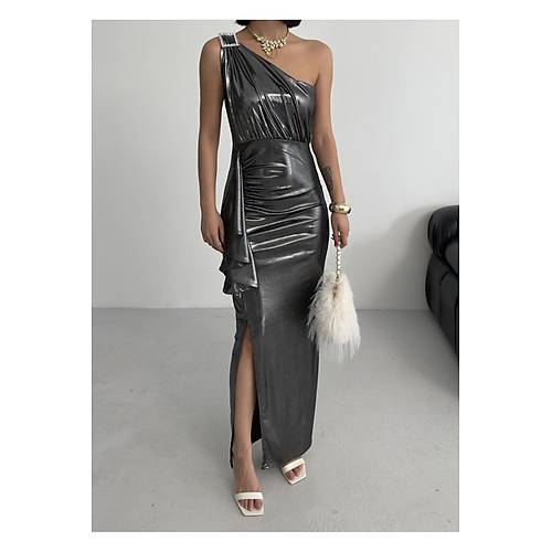 Kadn Omuz Aksesuarl Volanl yrtma parlak kuma Abiye Mezuniyet Nikah Lacivert Elbise