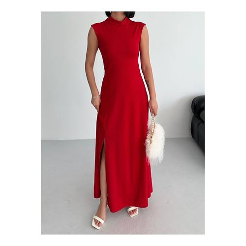 Bisiklet Yaka Y�rtma�l� K�rm�z� Maxi Elbise